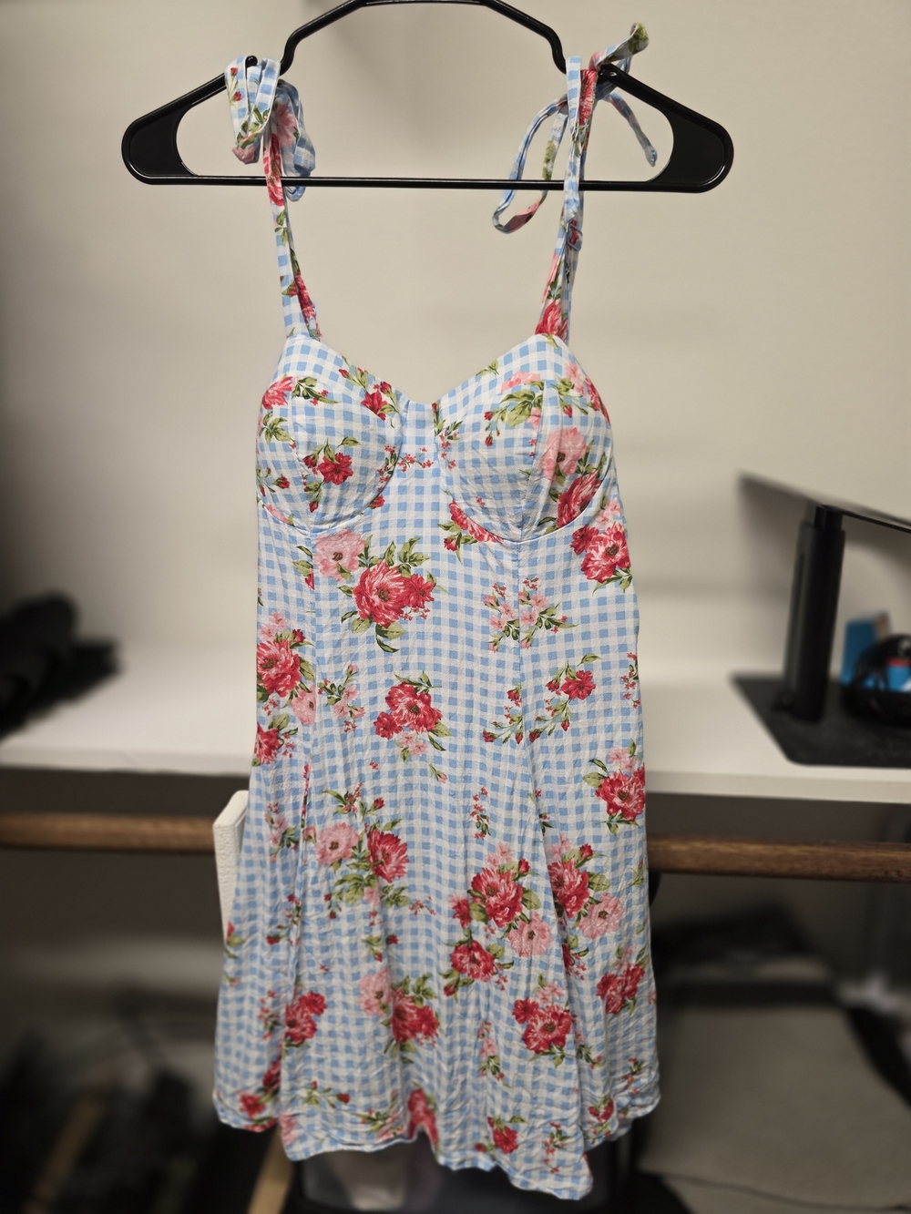 Lily Rose Blue Gingham Floral Tie-Shoulder Slip Dress